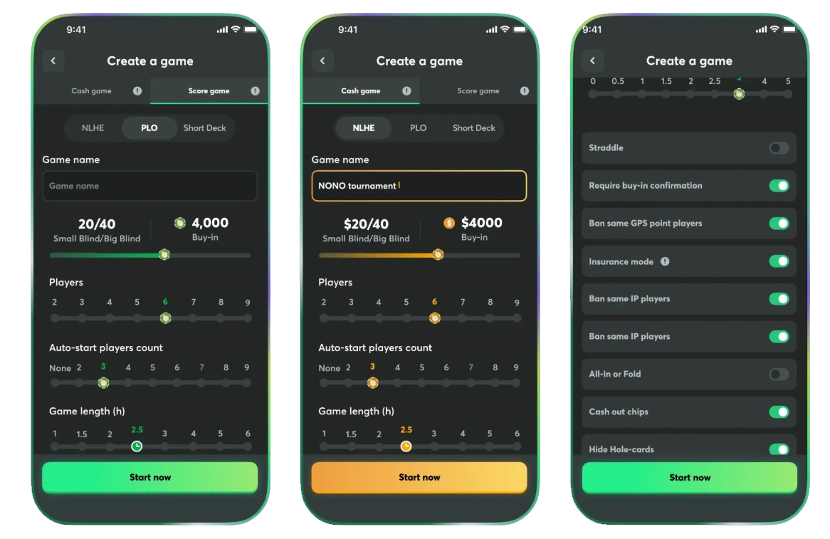 BC Poker mobile interface for creating poker game with settings blinds buy in players and options
