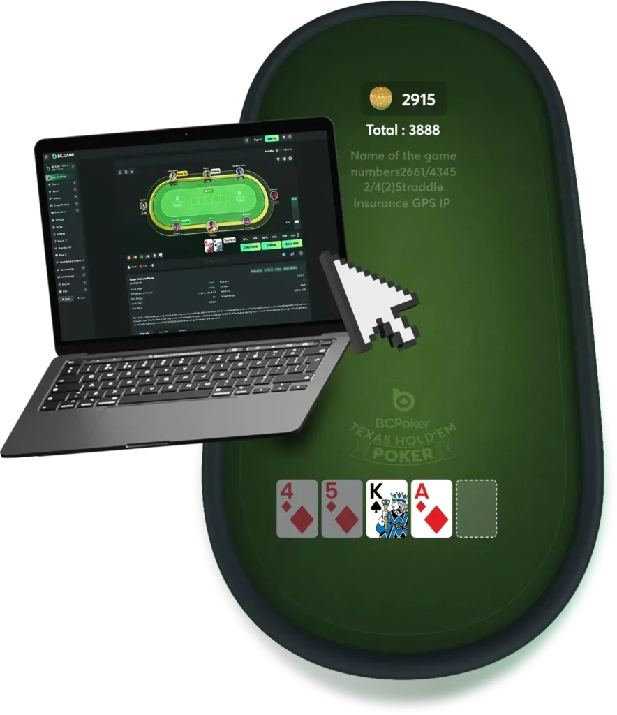BC Poker poker table on laptop and cards chips interface with desktop view