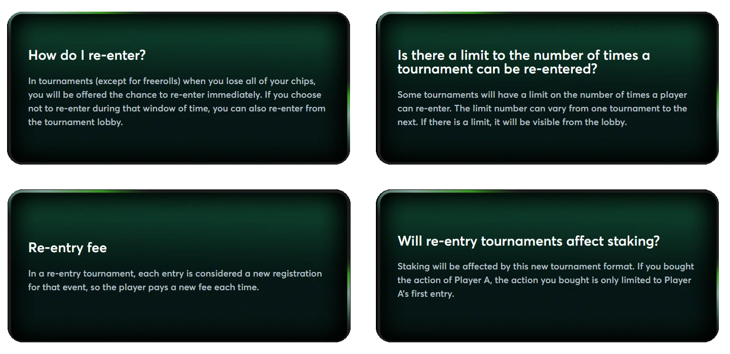 BC Poker FAQ cards explaining tournament re entry rules limits fees and staking details