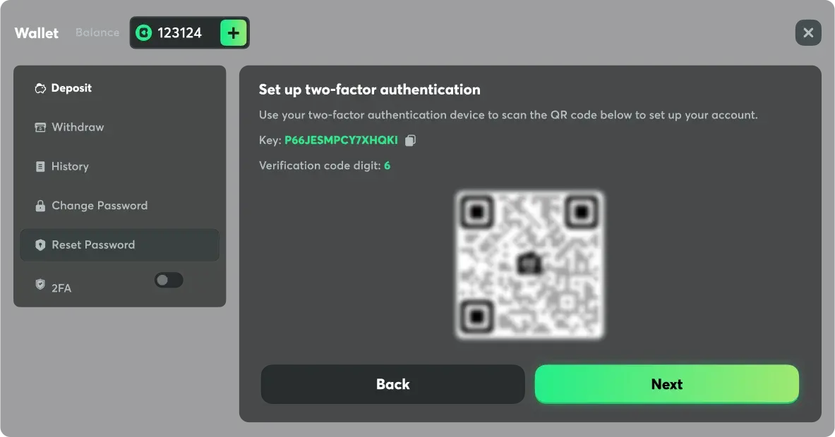 BC Poker security setup screen with two factor authentication QR code