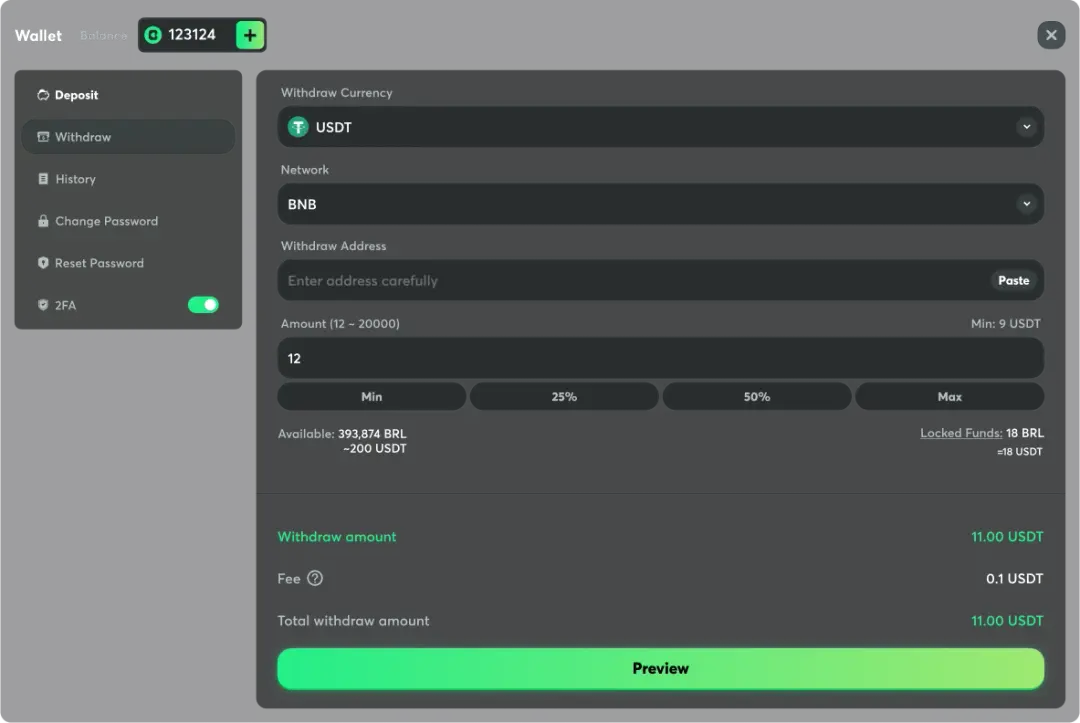 BC Poker withdrawal interface with USDT currency BNB network wallet balance and payout form details