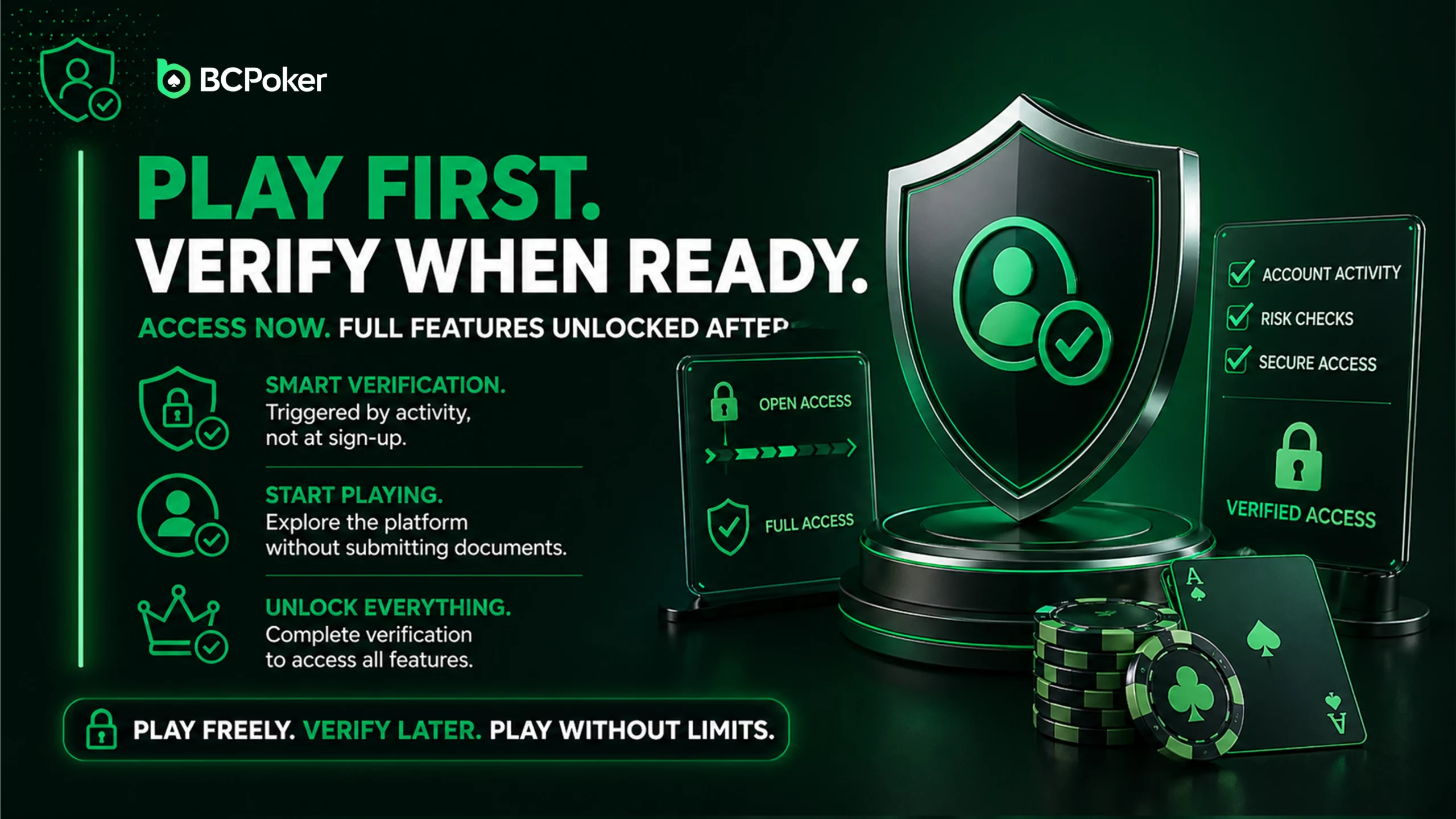 BCPoker play first verify later image with smart verification system open access shield security poker chips and seamless onboarding concept