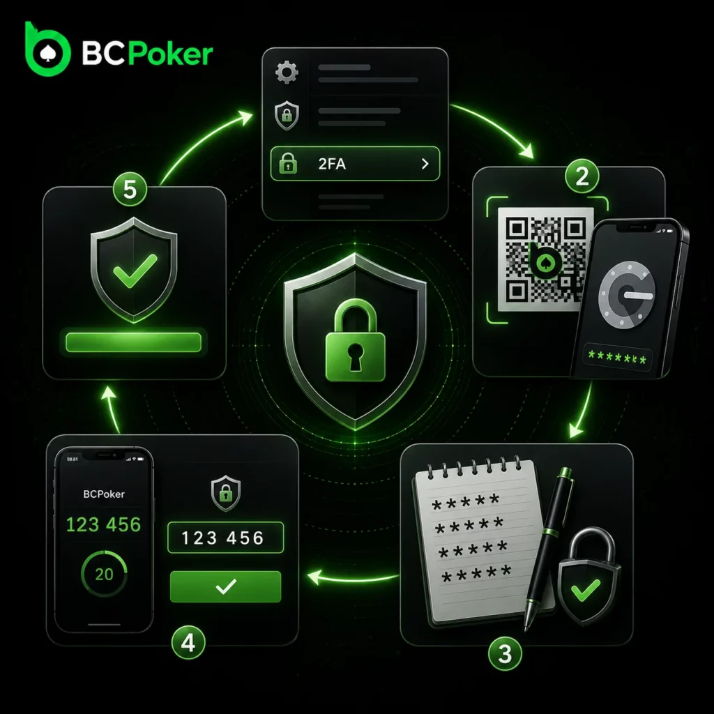 BC Poker two-factor authentication setup with QR code and security verification