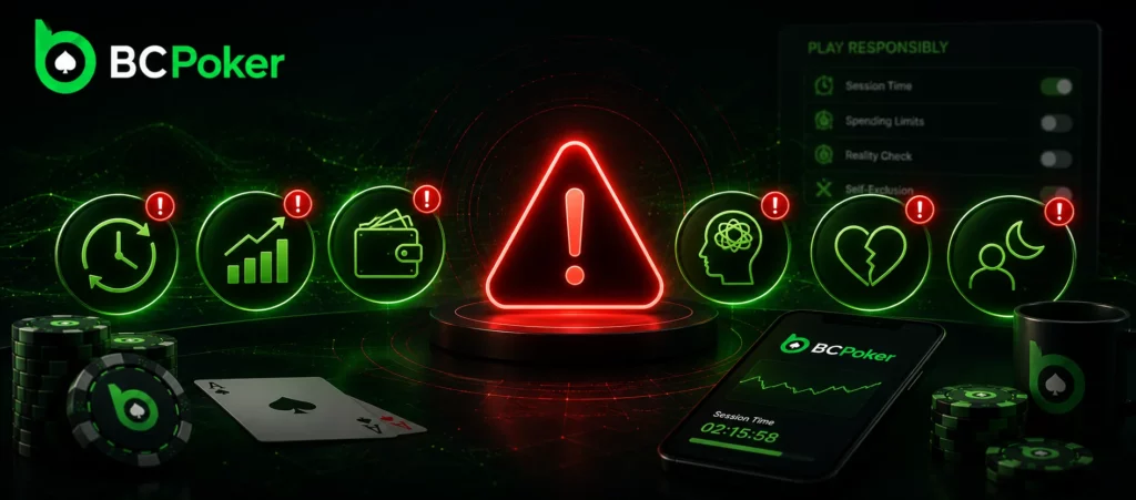 BC Poker responsible gaming banner showing behavioral warning signs