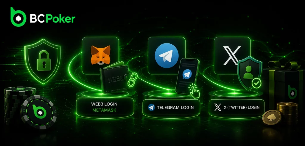 BC Poker social login with MetaMask, Telegram and X authentication