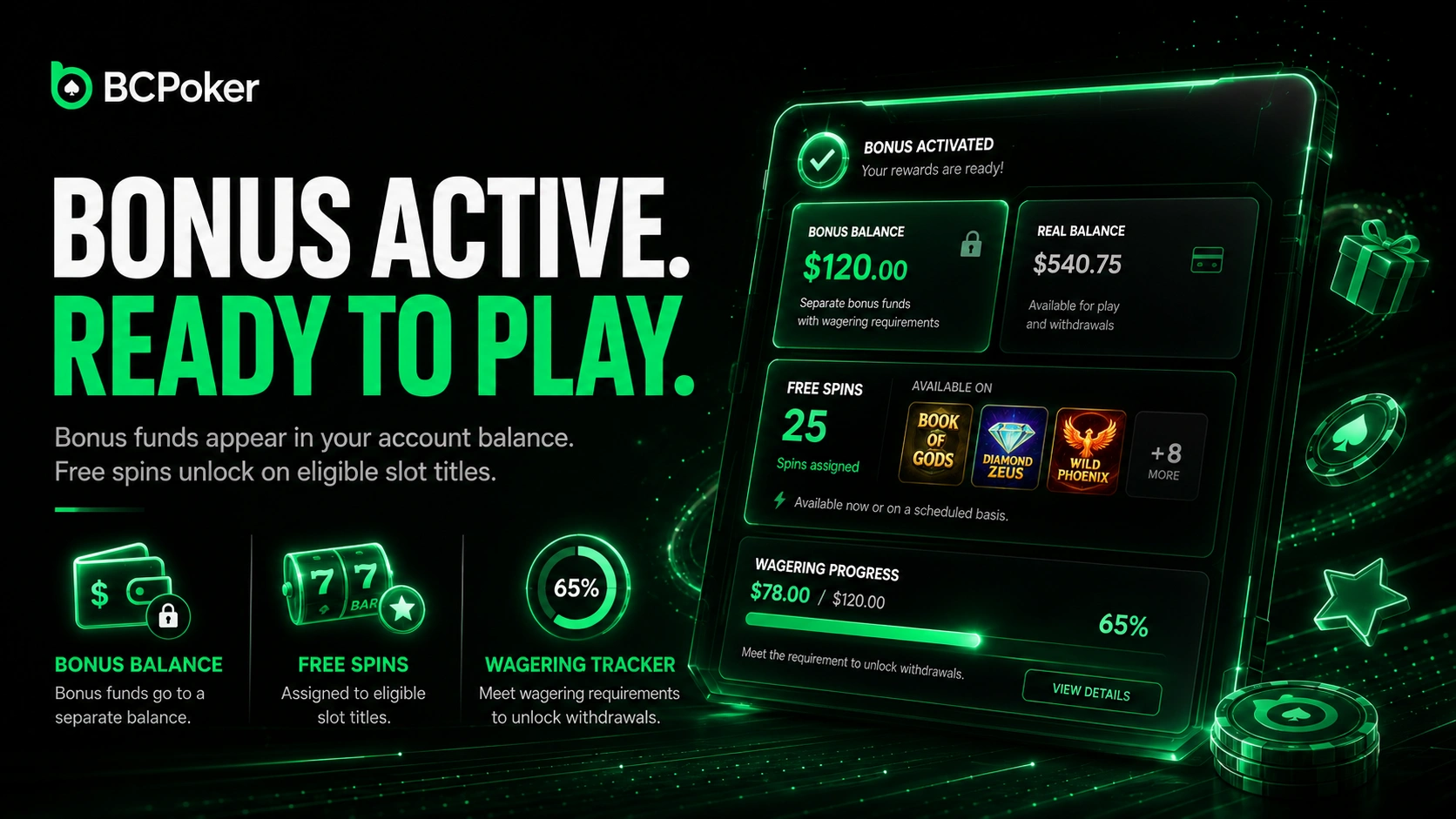 BC Poker active bonus balance with free spins and wagering progress