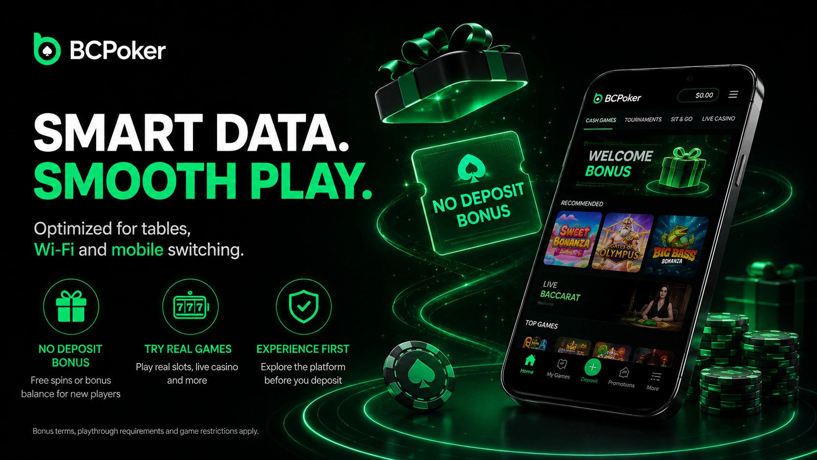 BC Poker no deposit bonus with smooth mobile gaming access